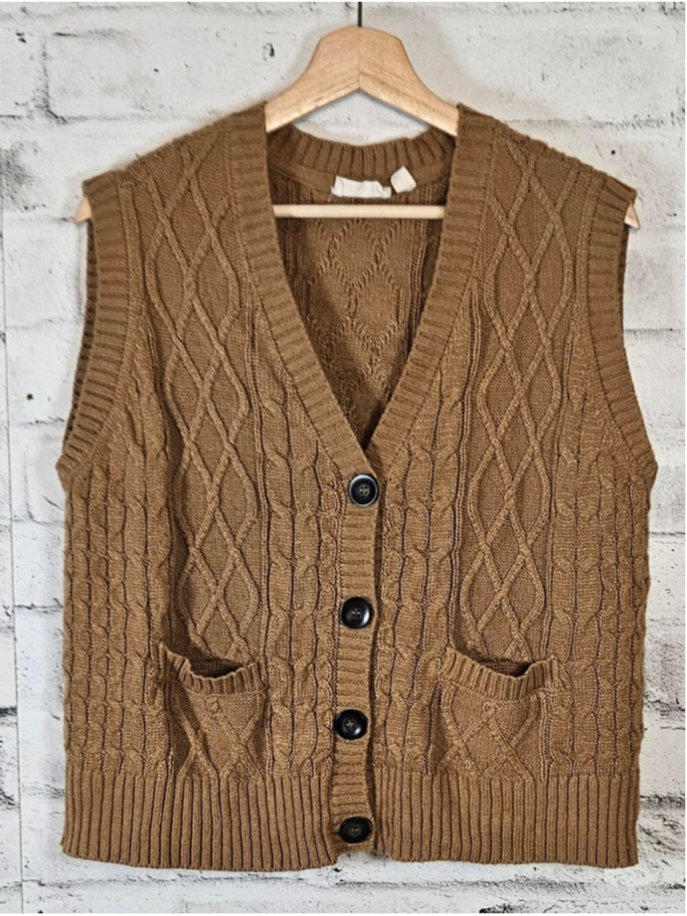 RetroD Brown Cable Knit Button Front Sweater Vest Cardigan Size M
